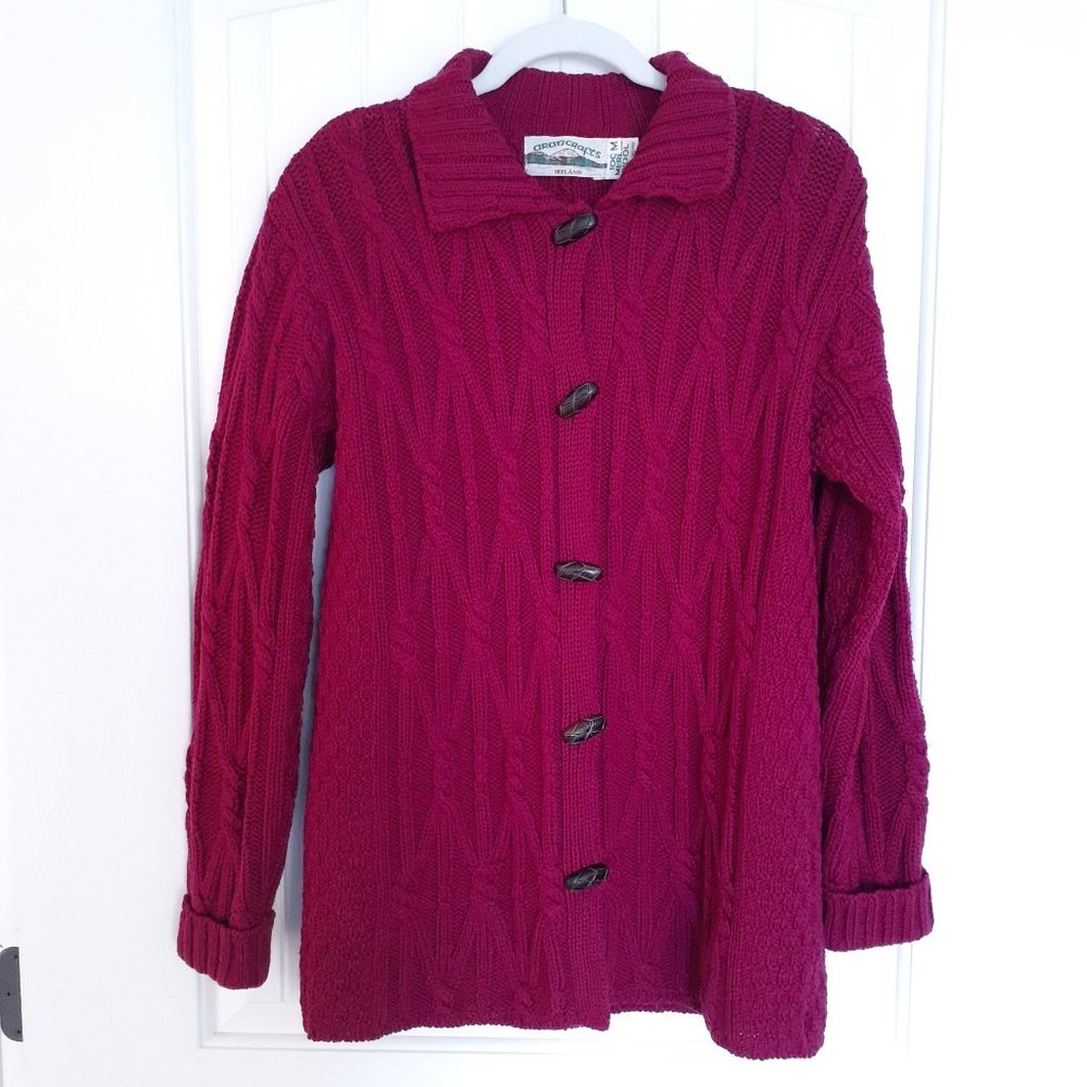 Aran Craft Merino Wool Aran Stitch Big Shirt with Toggle Closures Pink Size M